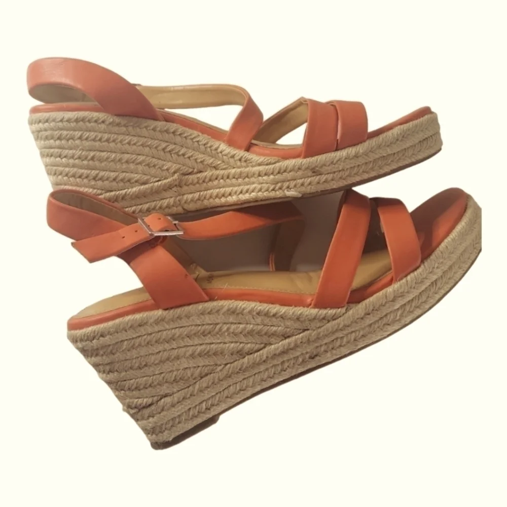 LC Lauren Conrad Strappy Wedge Heels Espadrilles Spearmint Coral Sandals Sz 10